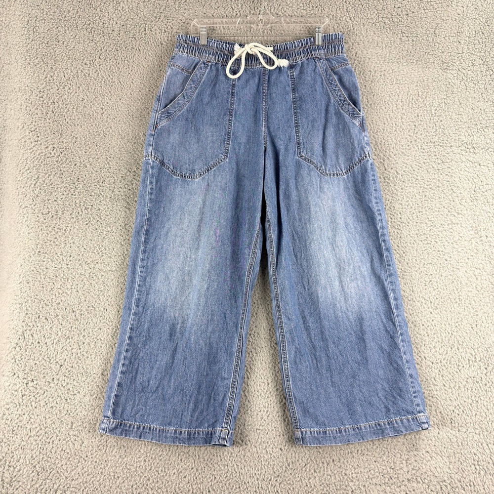 Free People We The Free Pants Womens M Blue Denim Wide Leg Crop Drawstring